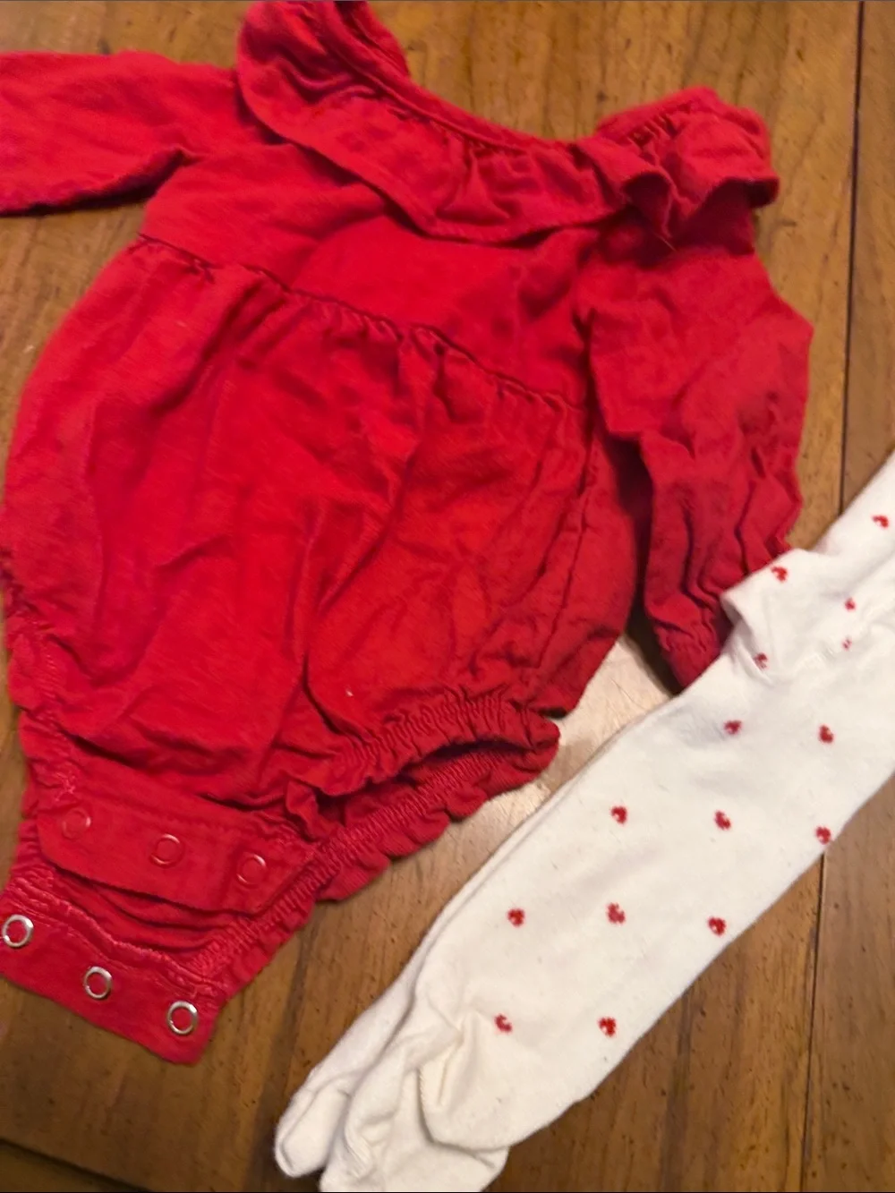 Carters Valentine’s day Red Baby Ruffle Neck Bodysuit with Heart Dot Tights 6M